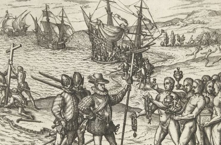 Columbus landing on the Caribbean island
