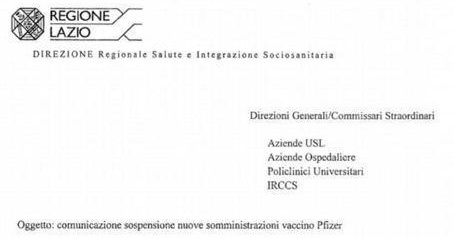 Lettera Regione Lazio sospensione vaccini Pfizer