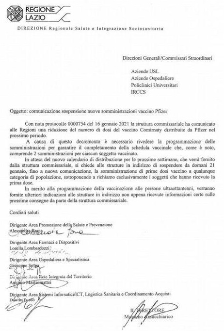 Lettera Regione Lazio sospensione vaccini Pfizer_completa